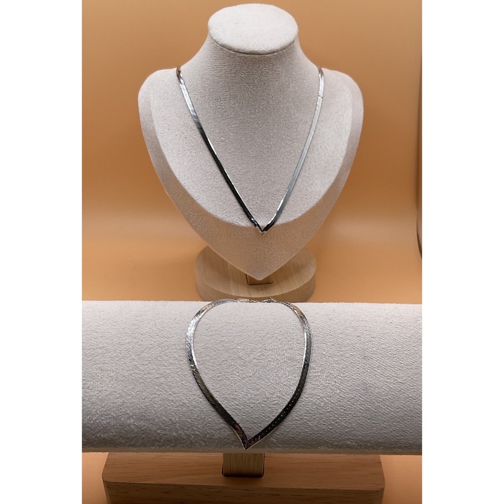925 Italy Sterling Silver Chevron V Necklace Bracelet Set Flat Herringbone Snake